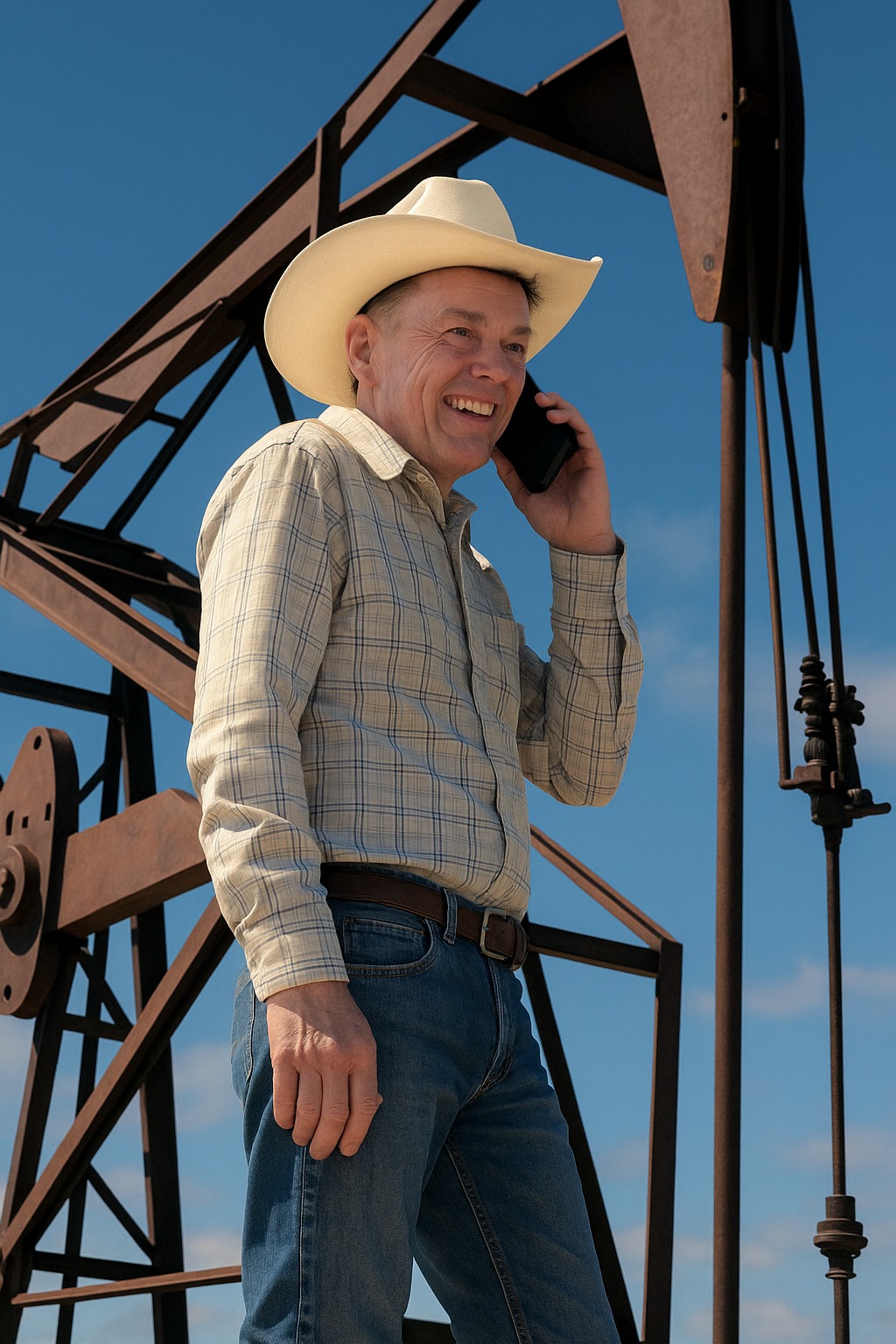 Sander als oliemannetje met een oliemachine op de achtergrond